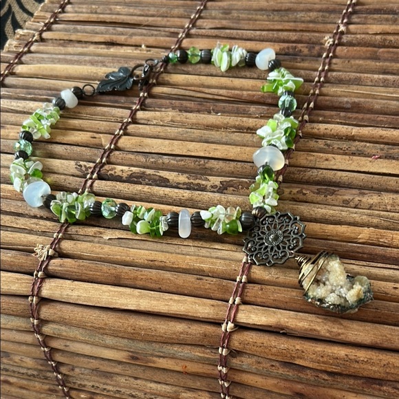 Artisanal Green and Silver Necklace with Ornate Pendant - Picture 1 of 13